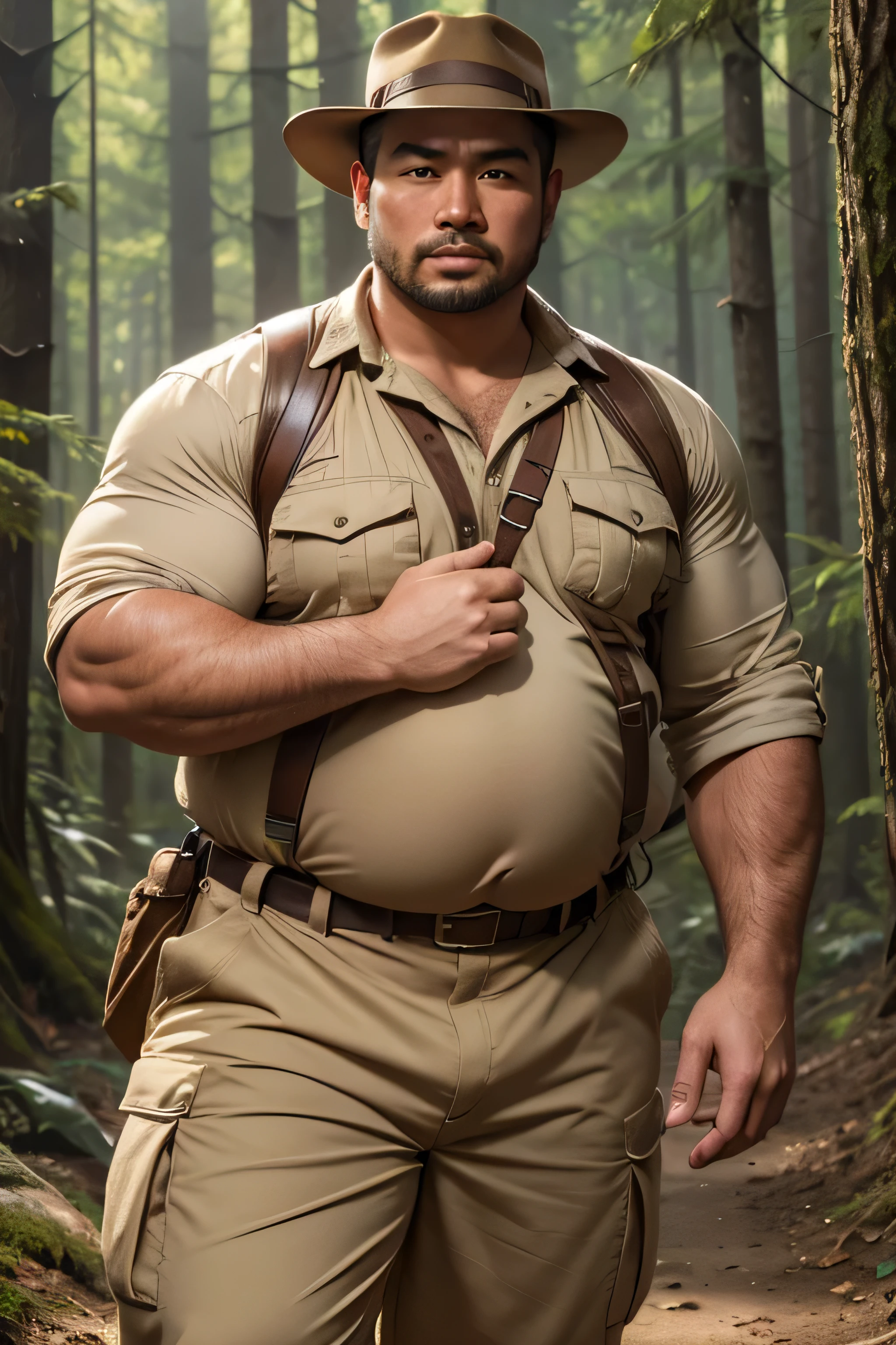 (8K, high definition, high quality, highly detailed) Handsome Asian daddy. chubby. big tummy. Ranger. explorer outfit. Indiana Jones. khakis. beige, brown, and cream, color palette. forest background. blurred background.