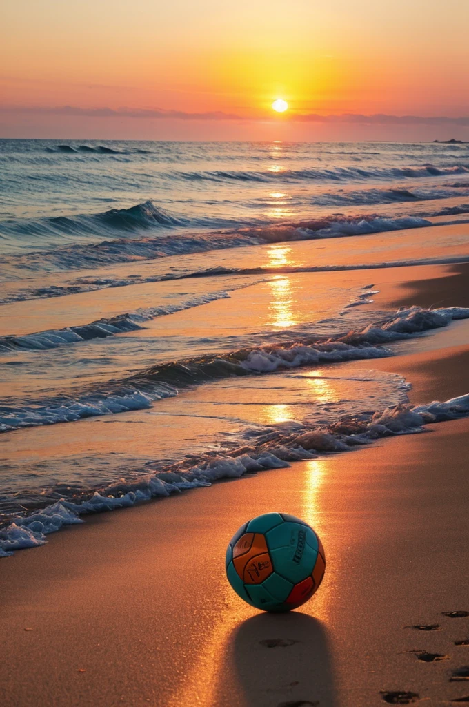 Beautiful sunset on the beach, with a ball with the colors of Portugal and the number 7 on the 