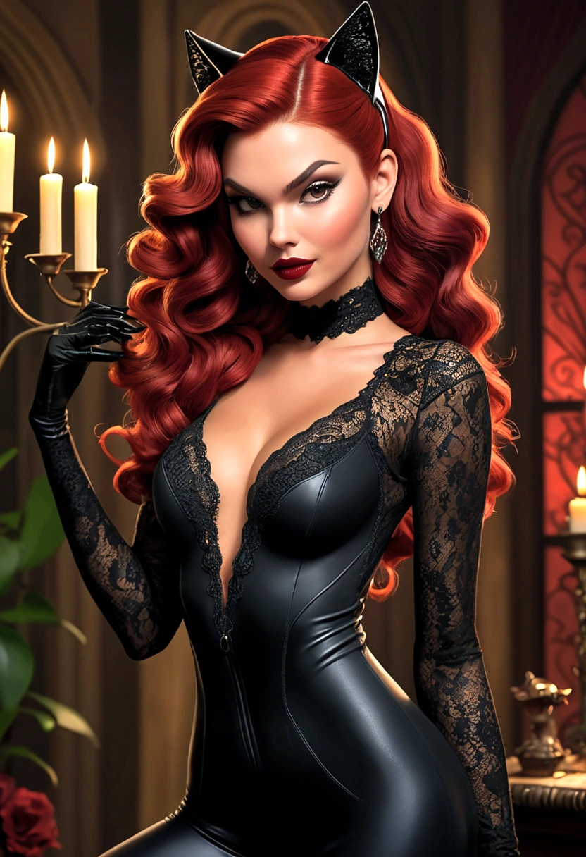 Full body shot Kendal Jenner catwoman, ringlets wavy five feet long red hair, updo hairstyle with ponytail on one side and long hairpins holding the bun long braid, strong thighs, dark red glossy lips, heavy black eye shadow long black eyeliner, long sharp claws, black lace beautiful and creative catwoman bodysuit with no jewels, huge cleavage, clear ears no earrings, no earrings, no earrings, no earrings, no jewels, beautiful forehead lace ornament, posing in a feminine catwoman den, happy expression, dark ambience night time candle lights. No faces on her chest!