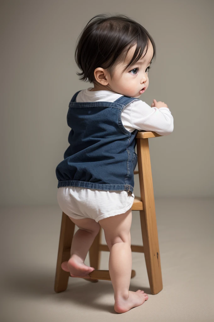 1 baby, sitting, standing backwards, simple background 
