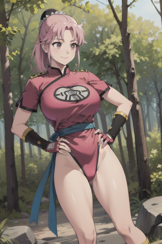 maam,big breasts,beautifuleyes,narrow waist,realistic,solo,outdoor,forest, martialMaam,pink hair,hair bun,long hair,china dress,short sleeves,sash,fingerless gloves,beautiful legs,(hands on hips, looking away) smile 