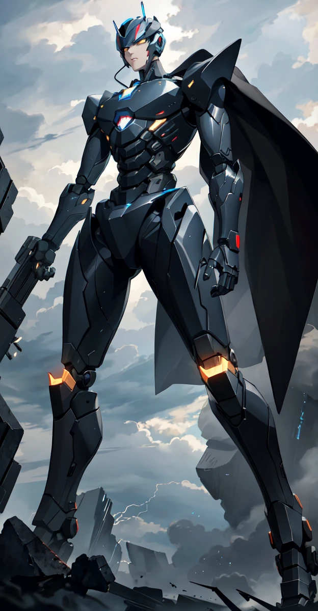 A colossal robot standing in the midst of a violent thunderstorm. The robot has a powerful and intimidating presence with a sleek, armored body in shades of dark blue and red. Its eyes are glowing brightly, and a radiant energy core is visible on its chest. Lightning bolts are striking around and onto the robot, illuminating the scene with intense, dramatic light. The robot’s cape is tattered and flutters in the fierce wind. The background is filled with dark, stormy clouds, with occasional bursts of lightning cutting through the sky. The overall atmosphere is intense and electrifying, conveying a sense of epic power and dominance.