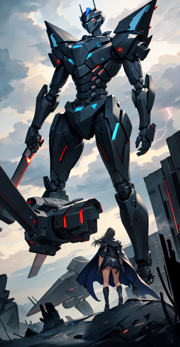 A colossal robot standing in the midst of a violent thunderstorm. The robot has a powerful and intimidating presence with a sleek, armored body in shades of dark blue and red. Its eyes are glowing brightly, and a radiant energy core is visible on its chest. Lightning bolts are striking around and onto the robot, illuminating the scene with intense, dramatic light. The robot’s cape is tattered and flutters in the fierce wind. The background is filled with dark, stormy clouds, with occasional bursts of lightning cutting through the sky. The overall atmosphere is intense and electrifying, conveying a sense of epic power and dominance.