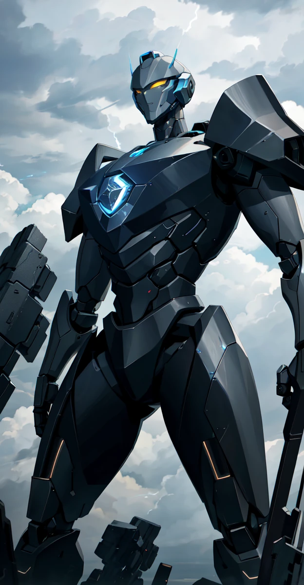 A colossal robot standing in the midst of a violent thunderstorm. The robot has a powerful and intimidating presence with a sleek, armored body in shades of dark blue and red. Its eyes are glowing brightly, and a radiant energy core is visible on its chest. Lightning bolts are striking around and onto the robot, illuminating the scene with intense, dramatic light. The robot’s cape is tattered and flutters in the fierce wind. The background is filled with dark, stormy clouds, with occasional bursts of lightning cutting through the sky. The overall atmosphere is intense and electrifying, conveying a sense of epic power and dominance.