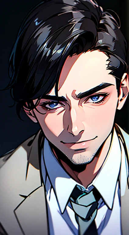 (best quality,4k,8k,highres,masterpiece:1.2),ultra-detailed,(realistic,photorealistic,photo-realistic:1.37),1 man,31 years old,mature man,very handsome,without expression,smile,short grey black hair,blue eyes,penetrating gaze,perfect face without errors,imposing posture,businessman,office background,cinematic lighting,hdr image