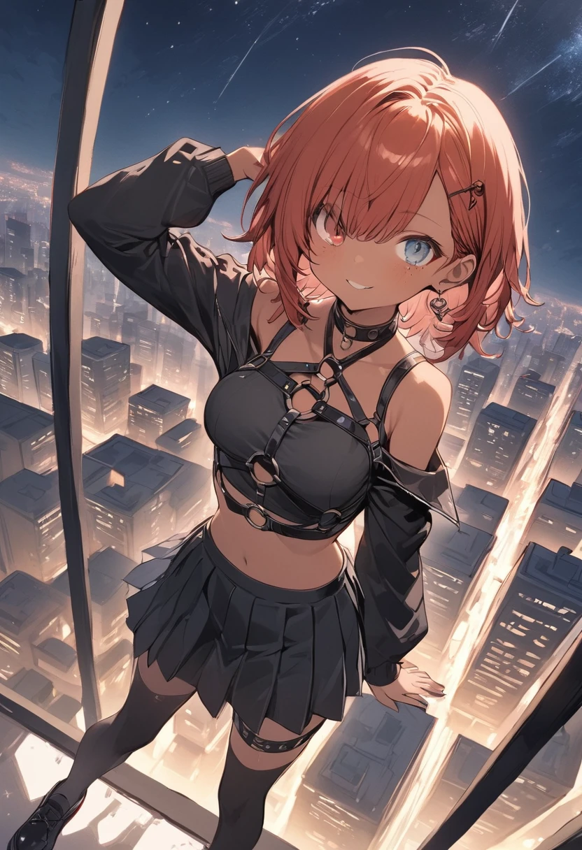 full body,1 girl, (cute:1.3),short red Hair, left eye blue, right eye yellow, tan skin, freckles, wearing open sexy clothes, black skirt, Black stockings, long sleeves, chest harness, black shirt, crop top, miniskirt, Shoes, O-Ring, midriff, off shoulder, medium breasts, thigh strap, pleated skirt, standing in on a ledge that overlooks at the city, looking up into the sky, during midnight, sky full of stars.