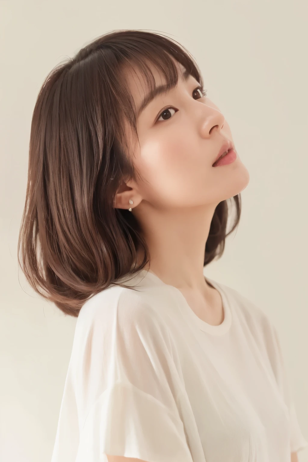 Short sleeve shirt、Japanese woman in her 30s、(White wall in the background、Reddish hair color)、profile、Looking up at the sky、Photographed in front of a white wall、Layered Cut、Very delicate hair、(In a room with white walls and windows)、((Highest quality、8K、masterpiece:1.3))、Ultra-high resolution、(photoGenuineistic:1.4)、RAW Photos、Japanese,(detailed aspects)、Genuine、Photographed in natural light、Highly detailed face and skin texture、Highly detailed lips、The correct state of the human body、Medium Hair、Black Hair、Various poses、Natural color lip