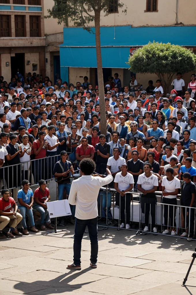 Description: The square is full of people walking and talking.. At the bottom, There is an improvised stage where some young people practice music.

characters:

Manuel: A 16-year-old Afro-Andean boy, with a great talent for singing.
carlos: A mestizo singer, famous in the region.
Groups of people: Some support Manuel, others discriminate against him.
Dialogue:

Manuel is singing on stage, His voice is powerful and emotional.. A group of young people watches him from afar.