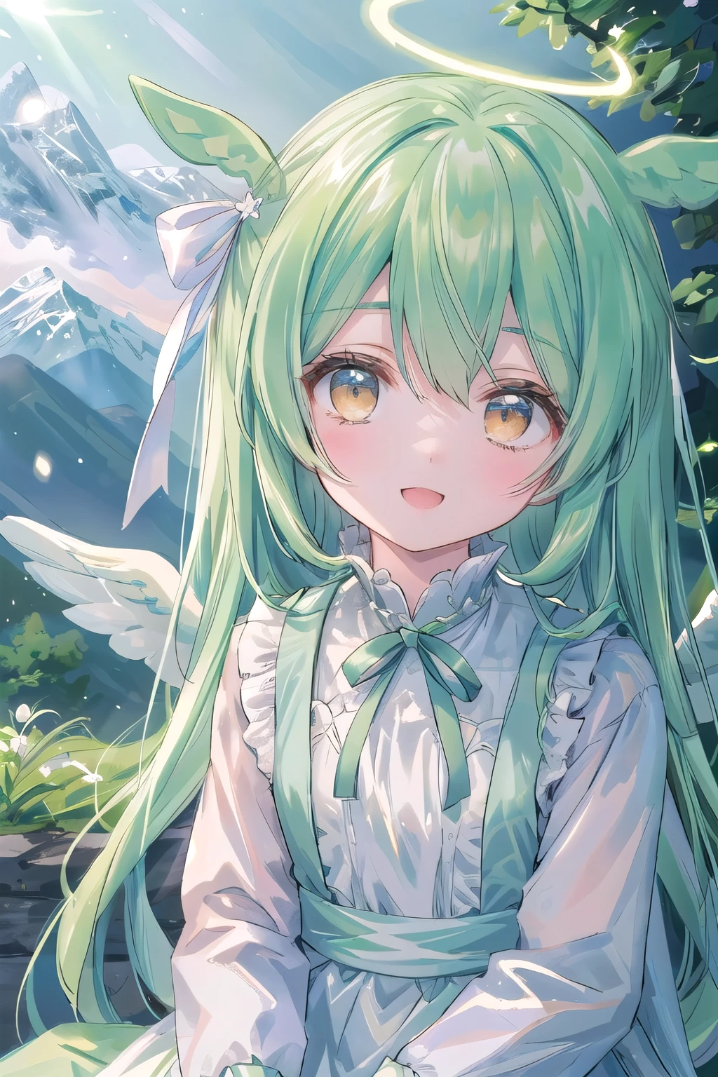 Dark green hair, eyes are yellow, scenery, Mountain, Upper Body, smile, Sitting, Open your mouth, Particles of light, Looking at the audience, Face Focus,Big angel wings,Angel Halo、Look here、Wearing a light white dress
