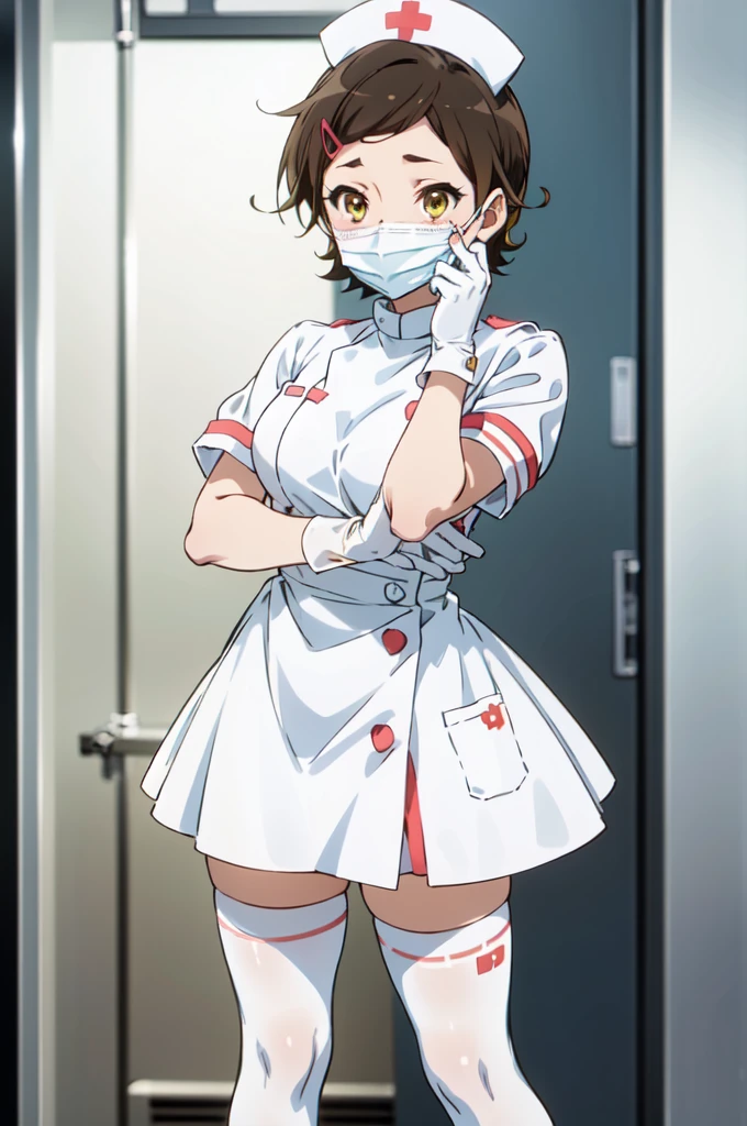 hazuki katou, short hair, brown hair, yellow eyes, hair ornament, solo, nurse, ((white nurse cap, white nurse's outfit)), ((white legwear, zettai ryouiki)), white gloves, ((white surgical mask, covered nose)), standing, hospital room, sharp outline, short sleeves, best quality, masterpiece