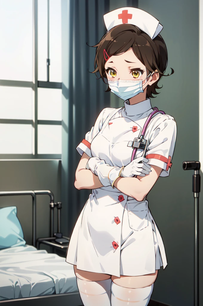 hazuki katou, short hair, brown hair, yellow eyes, hair ornament, solo, nurse, ((white nurse cap, white nurse's outfit)), ((white legwear, zettai ryouiki)), white gloves, ((white surgical mask, covered nose)), standing, hospital room, sharp outline, short sleeves, best quality, masterpiece