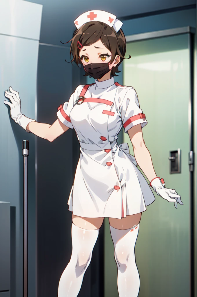 hazuki katou, short hair, brown hair, yellow eyes, hair ornament, solo, nurse, ((white nurse cap, white nurse's outfit)), ((white legwear, zettai ryouiki)), white gloves, ((white surgical mask, covered nose)), standing, hospital room, sharp outline, short sleeves, best quality, masterpiece