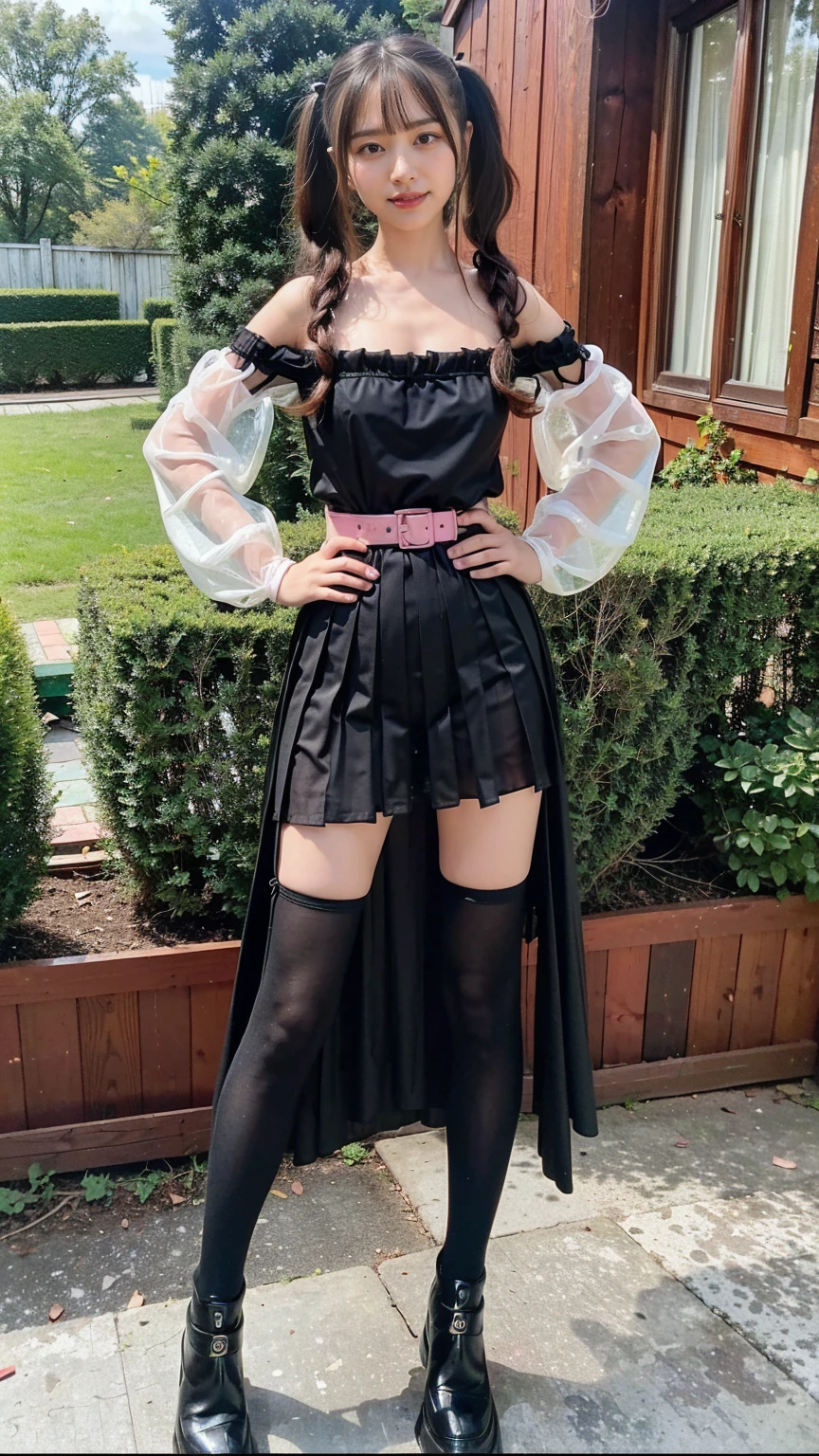 (8K、RAW Photos、Highest quality、masterpiece:1.2)、(Realistic、Realistic)、1 Girl、((Long dress、Off the shoulder、Twin tails、ribbon、See-through、smile、Black and Pink、Thin legs、whole body、boots、tights、garden、View from the front、Looking into the camera、belt、Stand with hands on hips))、cute