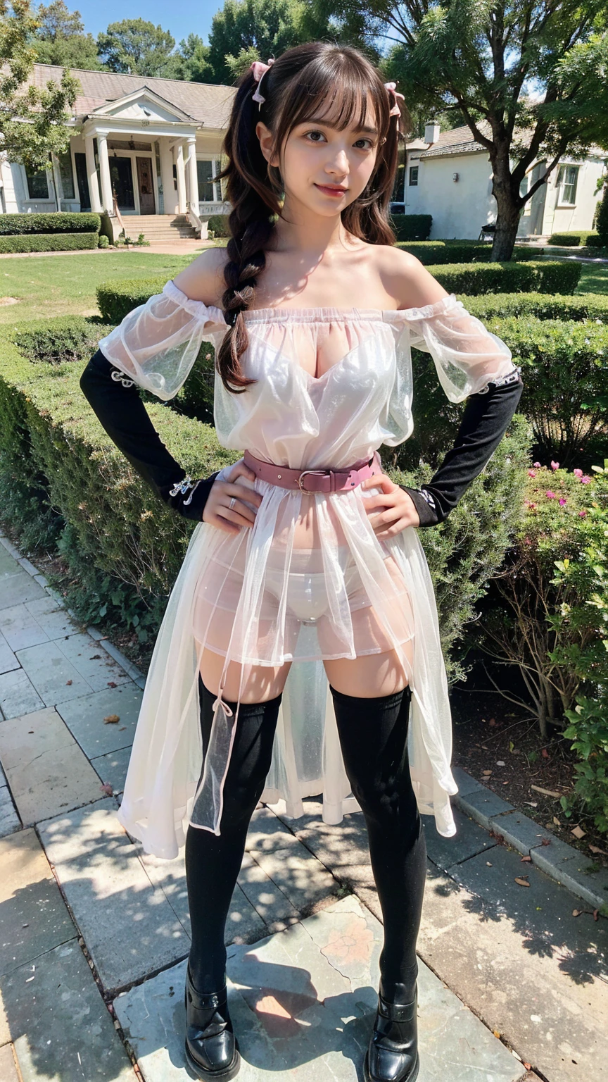 (8K、RAW Photos、Highest quality、masterpiece:1.2)、(Realistic、Realistic)、1 Girl、((Long dress、Off the shoulder、Twin tails、ribbon、See-through、smile、Black and Pink、Thin legs、whole body、boots、tights、garden、View from the front、Looking into the camera、belt、Stand with hands on hips))、cute