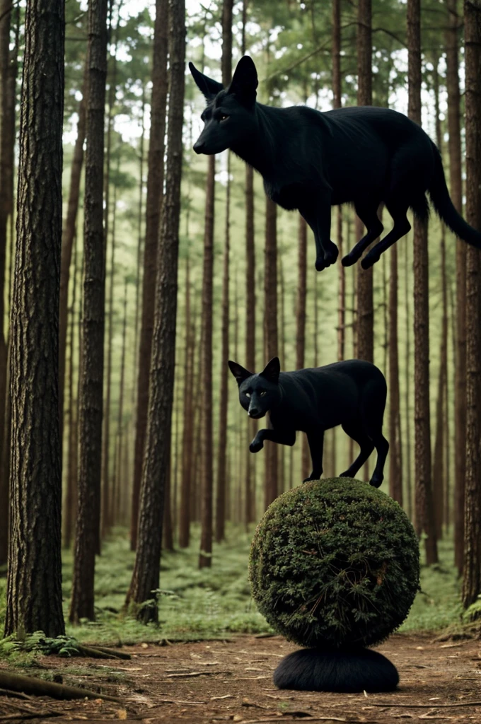 Black Yaguarandi animal levitating in the middle of the forest