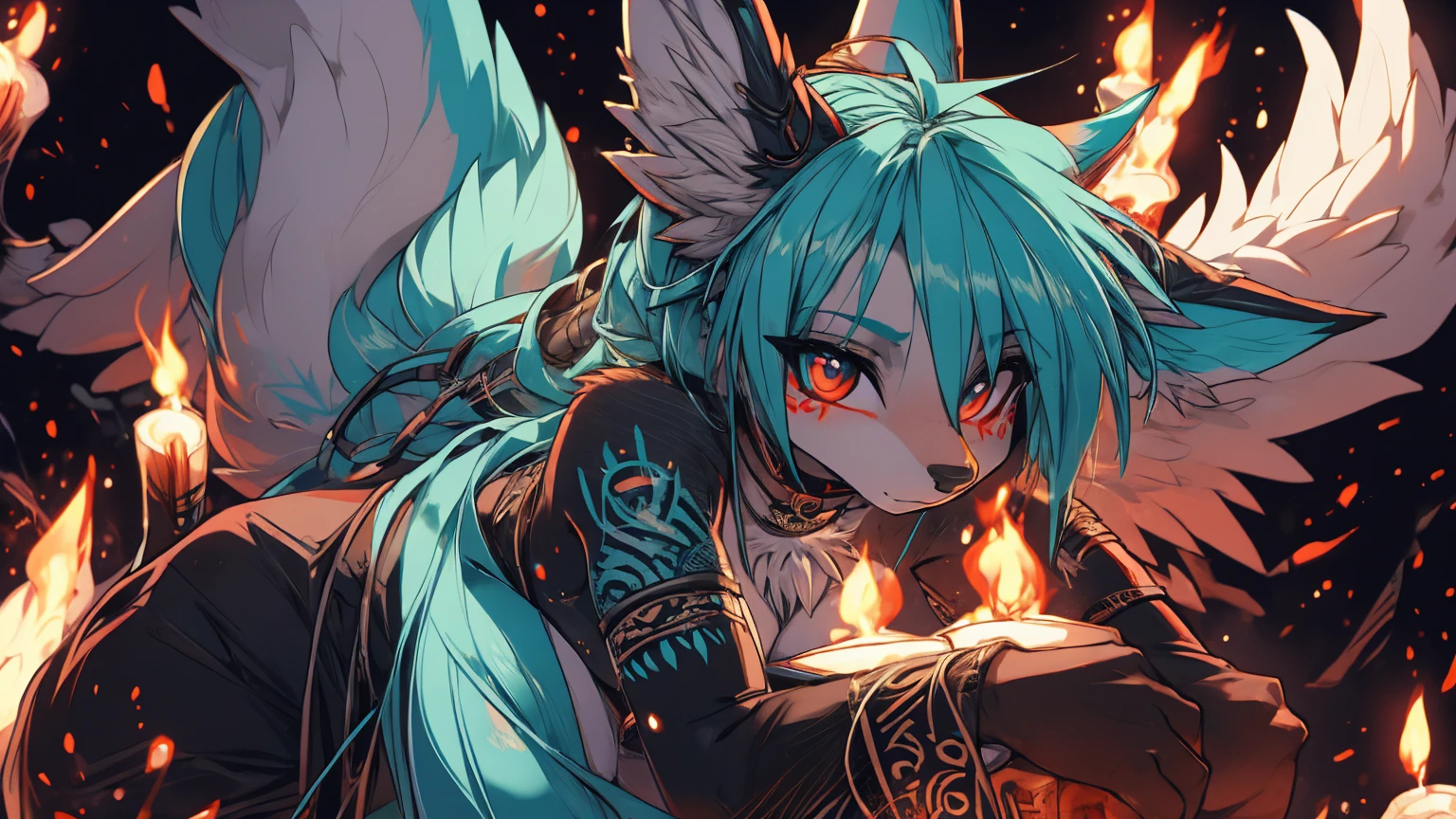 Miku Hatsune, add high definition_detail:1, blue fur,kitsune ears, tribal tattoo add_detail:1, in hell add_detail