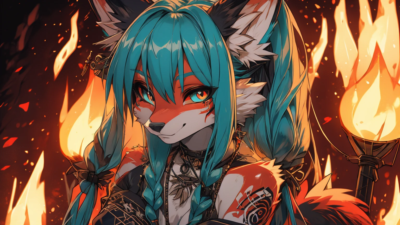 Miku Hatsune, add high definition_detail:1, blue fur,kitsune ears, tribal tattoo add_detail:1, in hell add_detail 