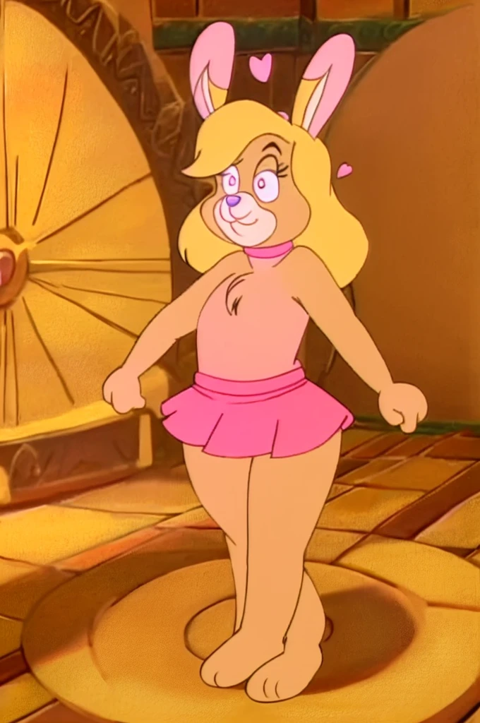 Furry Yellow bunny with white eyes with hot pink pupil and pink collar with a heart, with mat instead of chest without clothes just a skirt cartoonish Hanna-Barbera type, Women, Mexican pink volume skirt, BALD, with her hands holding the skirt, solo