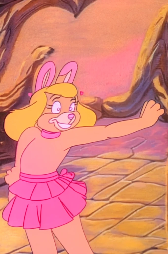 Furry Yellow bunny with white eyes with hot pink pupil and pink collar with a heart, with mat instead of chest without clothes just a skirt cartoonish Hanna-Barbera type, Women, Mexican pink volume skirt, BALD, with her hands holding the skirt, solo