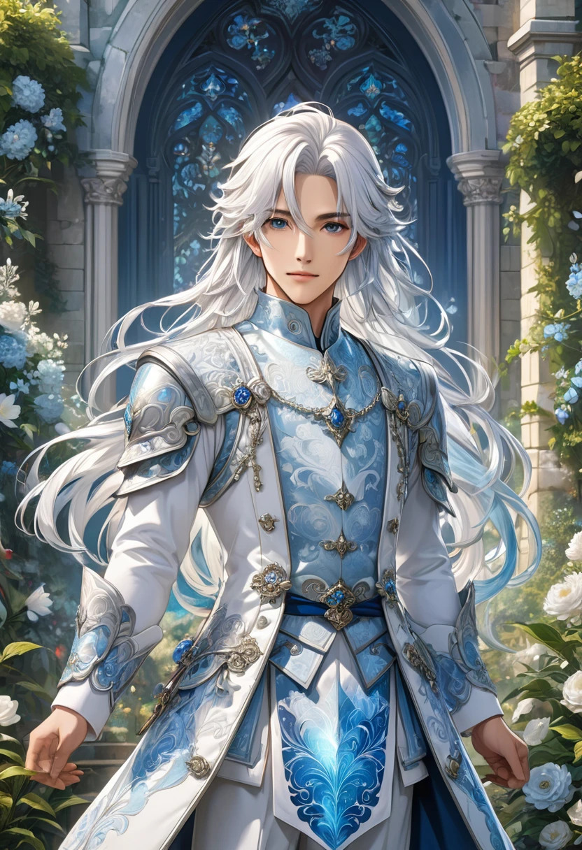        Frontal standing full body portrait((correct anatomy) )A male version of a handsome handsome boy with a Korean face wearing a medieval costume with long white hair and white hair looking at the audience., Anime eyes, Handsome handsome man standing in detailed outdoor garden reserve scenery, Grimm&#39;s fairy tale male version character with medium long white hair, white collar day romance ((perfect face))

             Intricate details detailed characters high resolution, Super detailed masterpiece, Intricate details royal, elegant, Noble and elegant light blue and white holographic clothing, light blue decoration,official art, Impressive.Full body portraits, ultra-detailed animation art, perfect compositions, intricate details, meticulous digital art