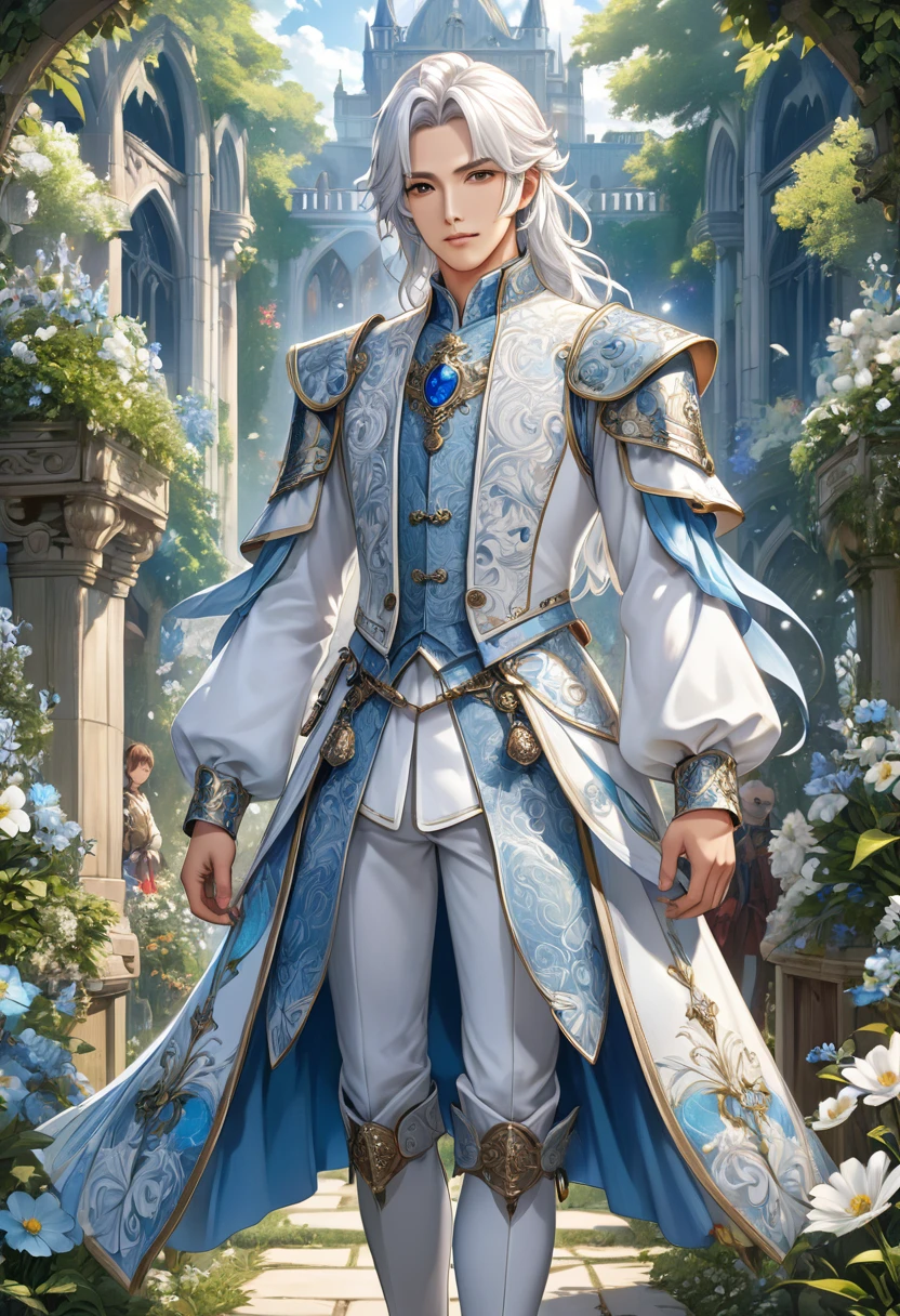 Frontal standing full body portrait((correct anatomy) )A male version of a handsome handsome boy with a Korean face wearing a medieval costume with long white hair and white hair looking at the audience., Anime eyes, Handsome handsome man standing in detailed outdoor garden reserve scenery, Grimm's fairy tale male version character with medium long white hair, white collar day romance ((perfect face))
Intricate details detailed characters high resolution, Super detailed masterpiece, Intricate details royal, elegant, Noble and elegant light blue and white holographic clothing, light blue decoration,official art, Impressive.Full body portraits, ultra-detailed animation art, perfect compositions, intricate details, meticulous digital art