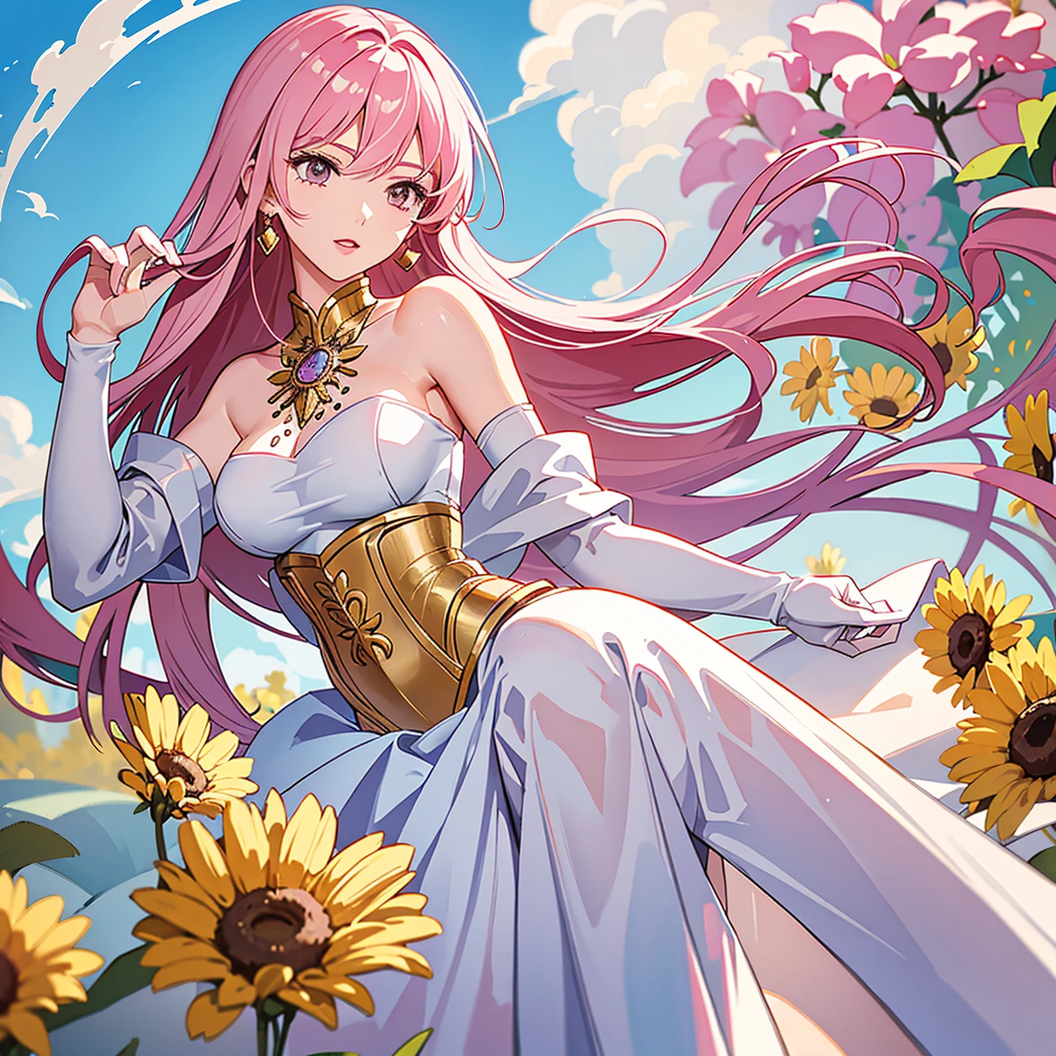 (masterpiece, high quality, best quality, 4k, 8k:1.4), 1girl, solo, pink hair, brown eyes, double-parted bangs, long hair, (mature female, mature:1.2), mole under eye, earrings, strap sweetheart white dress, detailed face, beautiful detailed eyes, beautiful detailed lips, extremely detailed face, long eyelashes, intricate details, soft lighting, soft color pallette, perfect ???????