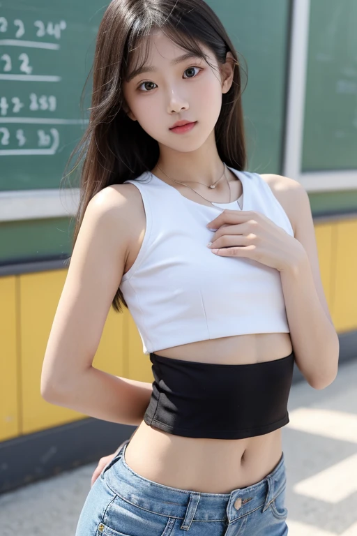 Wear crop tops，Big  elementary school student in shorts，Hands over chest