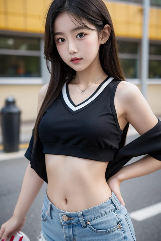 Wear crop tops,Big elementary school student in shorts,Hands over chest