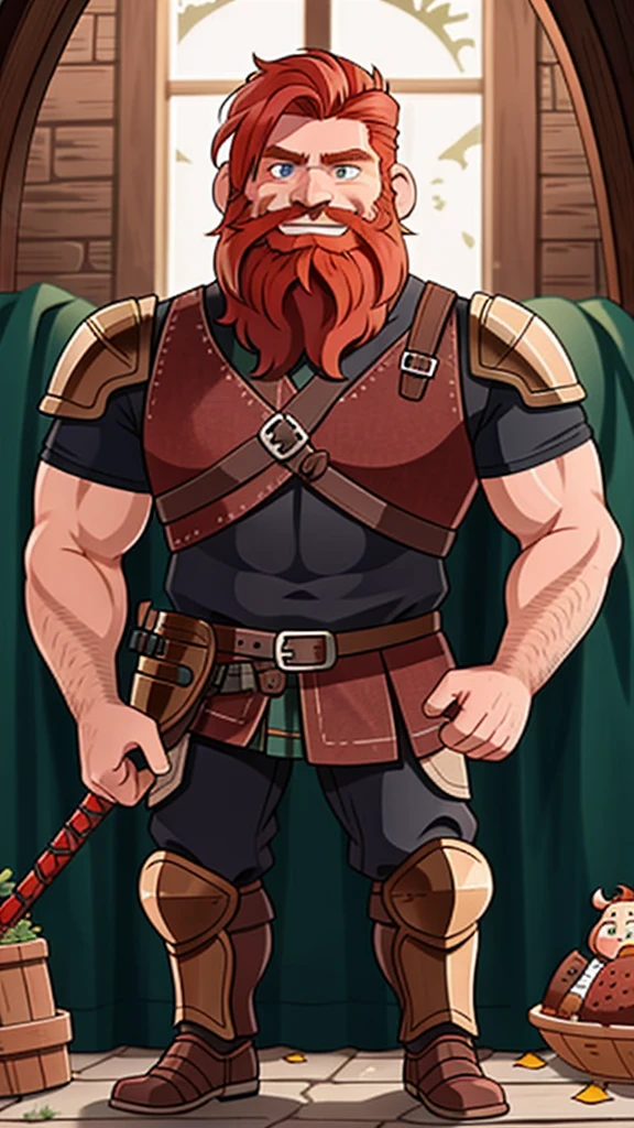 Ingólfr Einarr is a 40-year-old red-haired Viking man with a full beard, outgoing, muscular and very attractive, who wears his imposing medieval armor. hyper detailed and super realistic. cartoon style. Ingólfr Einarr is winking and pointing his finger forward, happiness and joy