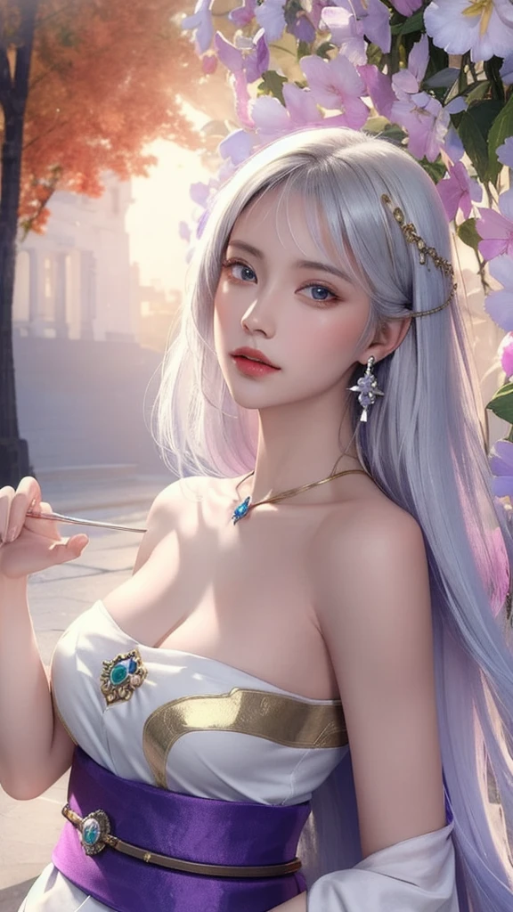 (masterpiece, top quality, 1 female, solo, exquisite details, chromatic aberration), (realistic), (skin), ((breathing)), (silver hair, blunt bangs, cropped straight long hair, short bangs, silver hair), beautiful hair, red headdress, highlights, hair on one eye, beautiful eyes, purple eyes, thick lips, earrings, piercing eyes, ((gold and white kimono)), ((symmetrical eyes)), ((perfectly symmetrical body)), ((perfectly symmetrical hands)), (purerosface_v1:0.3), full moon night, ((self, natural light))), bright lighting, flowers blooming in the background, in front of the viewer, ((central shot, from the front, (face and shoulders))), mysterious atmosphere, colorful flowers blooming around, light colored background, fortune teller in kimono, beautiful fortune teller, fortune teller, Fantasy female fortune teller, female fortune teller, fantasy photography, Japanese style, fortune teller in kimono, elegant cinematic fantasy art, fantasy woman, magician portrait, fortune teller, powerful wizard surrounded by mystical colorful flowers, holding a glowing heart crystal ball, eyes glowing with mystical energy, spells leaking from her mouth, vivid swirls of sorcery pulsating with iridescent hues appear in the air, magic permeates, flowers bloom, sacred creatures gaze in awe, threads of magical energy dance, reveal hidden realms, unravel secrets, capture the essence of this enchanting moment and bring to life the mysterious power of sorcery on a canvas of the highest quality and finest detail. Top Quality, Masterpiece, Ultra High Resolution, (Photorealistic: 1.4), RAW Photo, Sharp Focus, High Resolution, Detailed Skin.