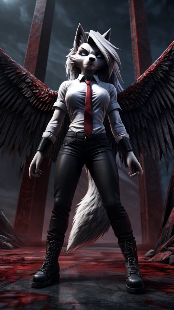 Loona from Helluva Boss, female wolf, anthro, mature adult, white hair, grey eyes, torturer vengeful wrathful angel, blood dripping from eyes, white shirt with tie, black pants, black shoes, blood face, fallen angel wings, bloody halo, standing, cold stare, glowing eyes, standing above a blood ocean, dark, omnious, beautiful, solo, full body, 3d render, Unreal Engine 5, face close up, 4K
