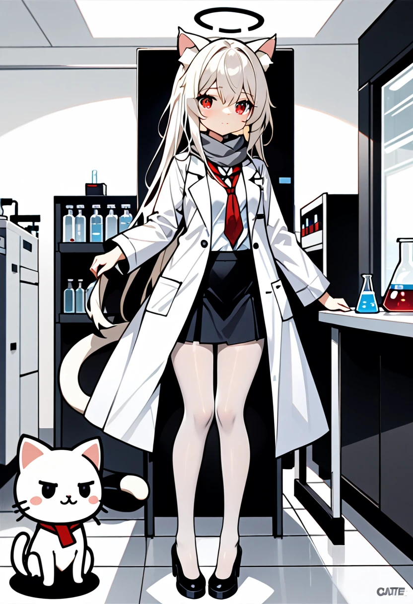 masterpiece, highest quality, highest resolution, clear_image, detailed details, White hair, long hair, cat ears, 1 girl, red eyes, white lab coat (with a black short skirt), white pantyhose, white scarf (around the neck), gray halo, cute, full body, no water marks, laboratory, no extra limps, no extra bod