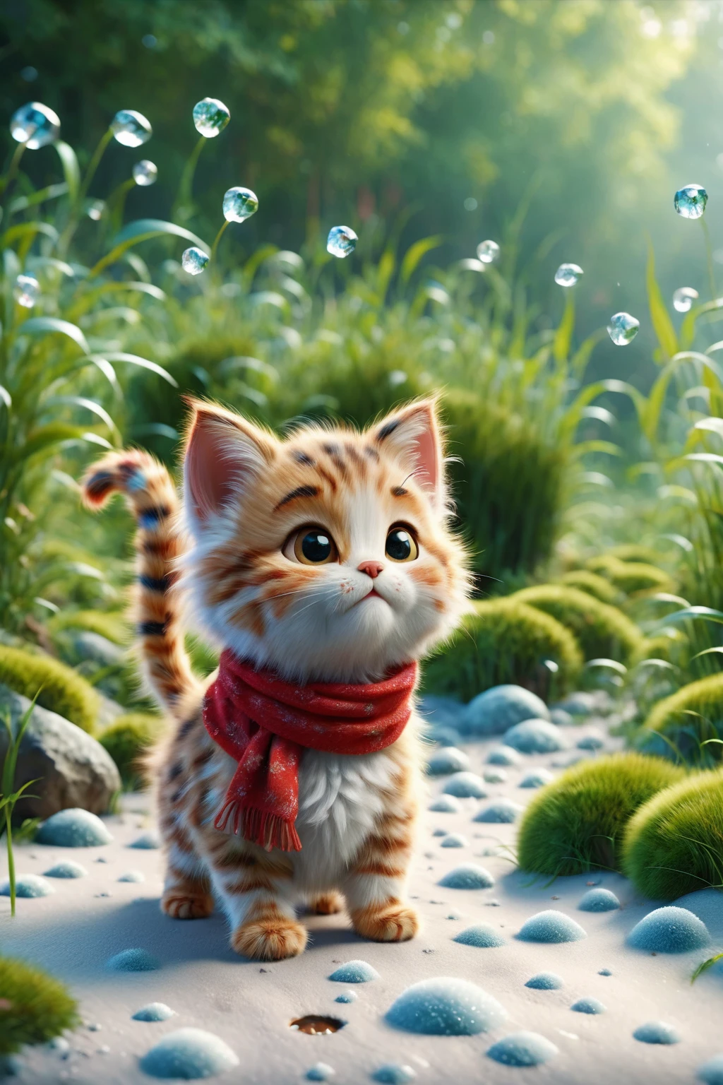 Ralph Raff,Little,masterpiece,Highest quality,original,Official Art,One cat,Red scarf,Grass,Blurred Background,Cartoon Rendering,Beautiful sparkle,(Detailed ice),Beautiful detailed water,I want a Disney Pixar style with a white background painted with watercolor 3D Animation Style,