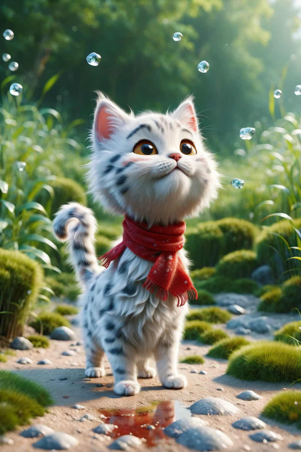 Ralph Raff,Little,masterpiece,Highest quality,original,Official Art,One cat,Red scarf,Grass,Blurred Background,Cartoon Rendering,Beautiful sparkle,(Detailed ice),Beautiful detailed water,I want a Disney Pixar style with a white background painted with watercolor 3D Animation Style,