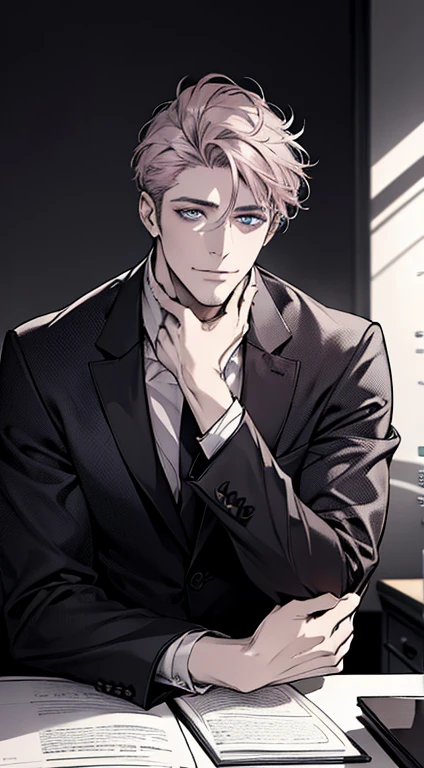(best quality,4k,8k,highres,masterpiece:1.2),ultra-detailed,(realistic,photorealistic,photo-realistic:1.37),1 man,31 years old,mature man,very handsome,without expression,smile,short grey pink hair,blue eyes,penetrating gaze,perfect face without errors,imposing posture,businessman,office background,cinematic lighting,hdr image