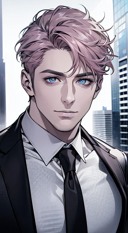 (best quality,4k,8k,highres,masterpiece:1.2),ultra-detailed,(realistic,photorealistic,photo-realistic:1.37),1 man,31 years old,mature man,very handsome,without expression,smile,short grey pink hair,blue eyes,penetrating gaze,perfect face without errors,imposing posture,businessman,office background,cinematic lighting,hdr image