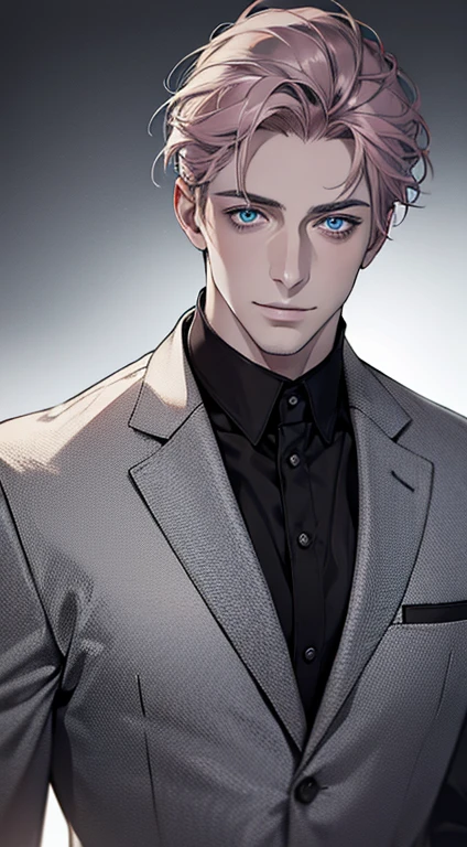 (best quality,4k,8k,highres,masterpiece:1.2),ultra-detailed,(realistic,photorealistic,photo-realistic:1.37),1 man,31 years old,mature man,very handsome,without expression,smile,short grey pink hair,blue eyes,penetrating gaze,perfect face without errors,imposing posture,businessman,office background,cinematic lighting,hdr image