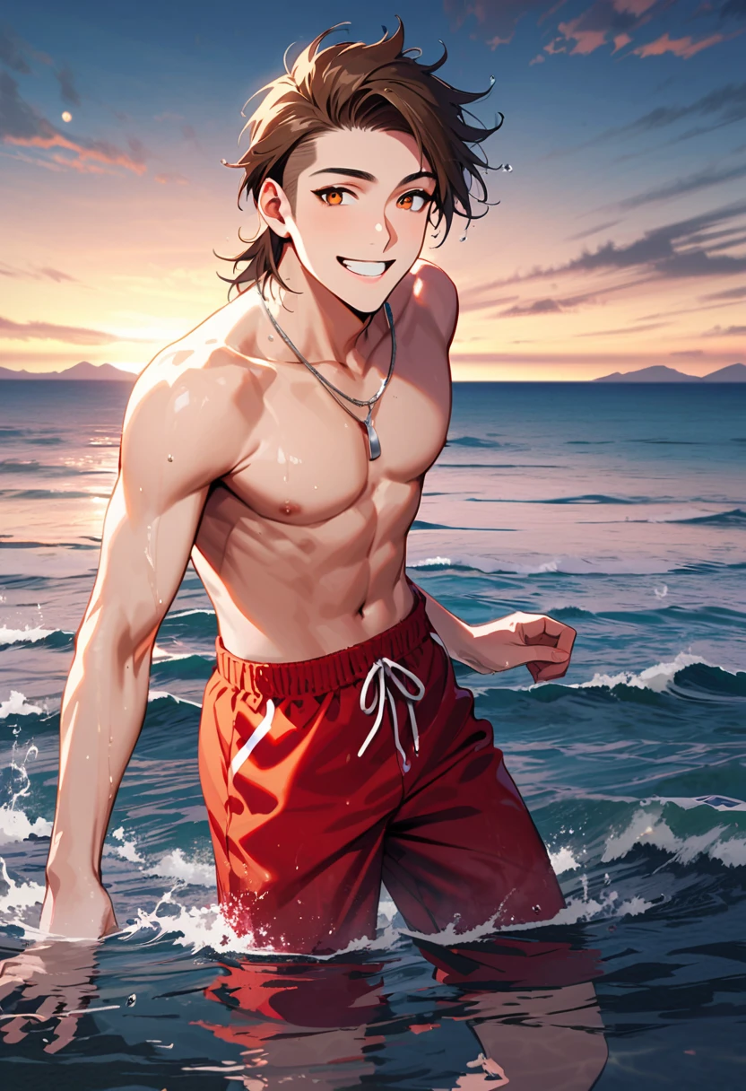 A young man, 21-years-old, solo, Caucasian, mature face, wild spiky undercut brown hair, orange eyes, cheerful smile, mouth open, no shirt, shirtless, red swimming trunks, thin silver necklace, partially submerged in water, wet, beach in the distance