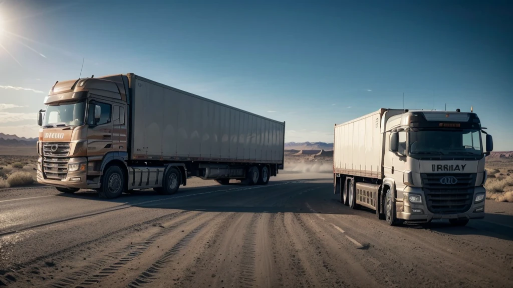 one large lorry on a desert road, dramatic lighting, detailed textures, photorealistic, 8k, hyperrealistic, natural environment, harsh sunlight, dramatic shadows, minimal background, weathered truck, dusty tires, reflective chrome, intricate details, masterpiece, ultra-detailed, vibrant colors, cinematic composition, precise lighting and shading