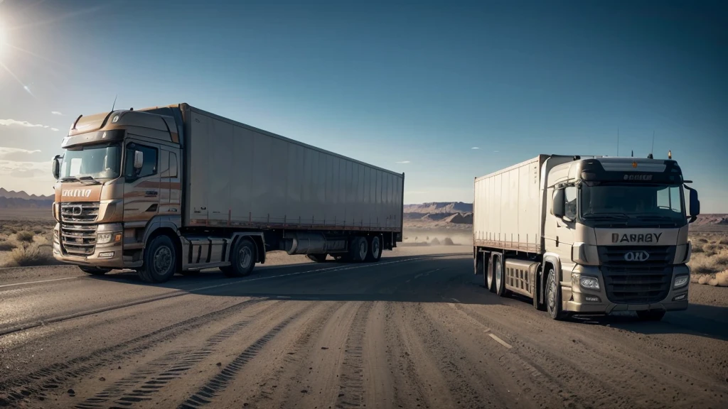 one large lorry on a desert road, dramatic lighting, detailed textures, photorealistic, 8k, hyperrealistic, natural environment, harsh sunlight, dramatic shadows, minimal background, weathered truck, dusty tires, reflective chrome, intricate details, masterpiece, ultra-detailed, vibrant colors, cinematic composition, precise lighting and shading