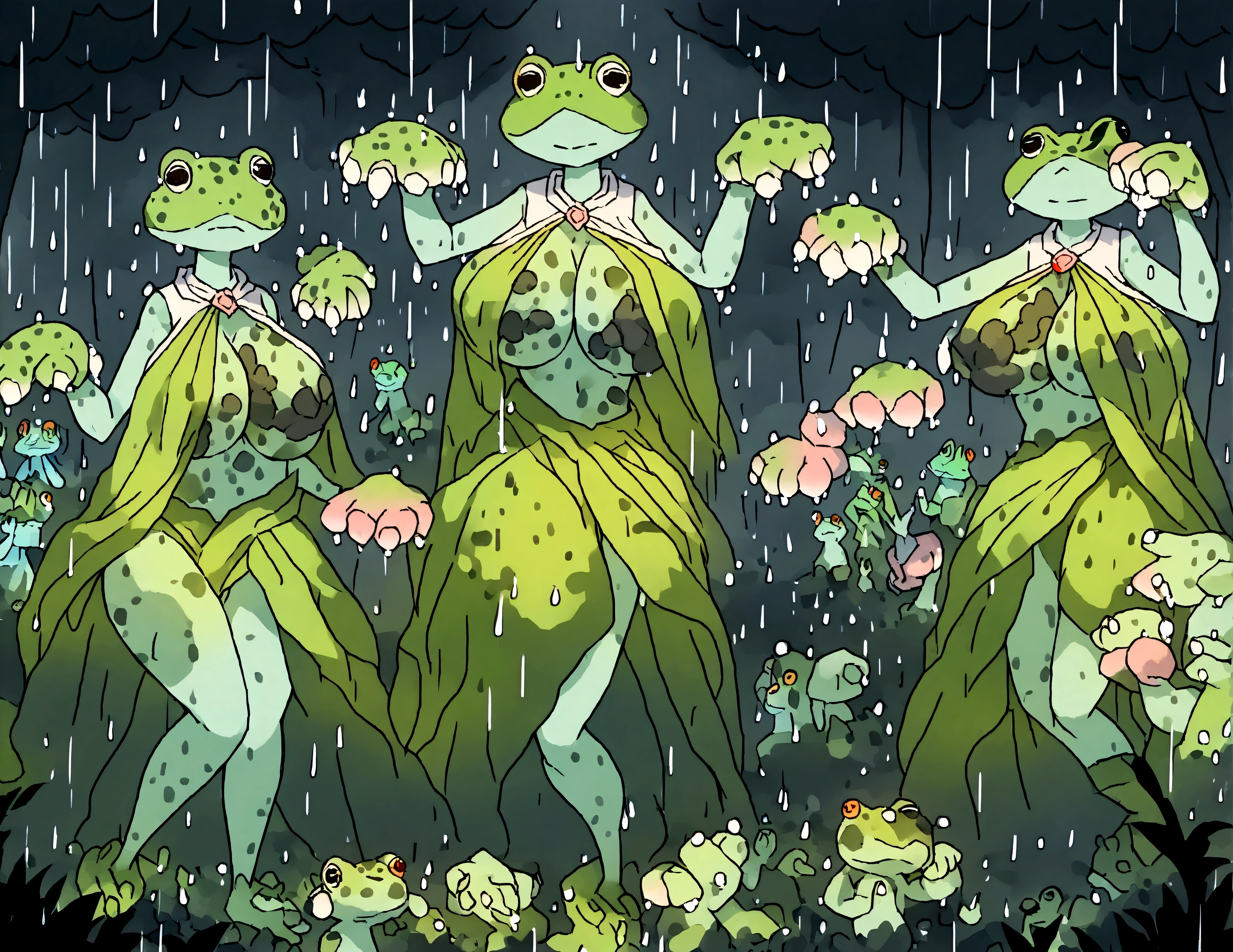 Girl made of slime, translucent skin, green, see-through, gelatinous, fat belly, visible food floating inside of her