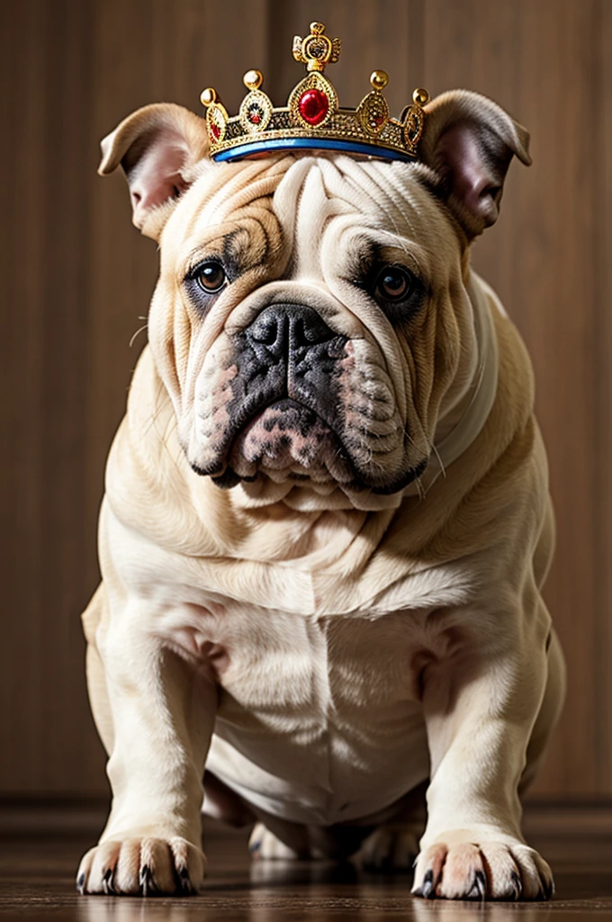 An English Bulldog with a crown that says Chinese Pérez 
