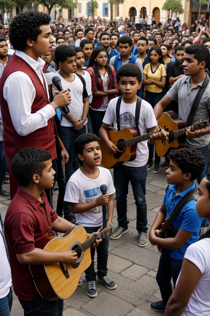 Description: The square is full of people walking and talking.. At the bottom, There is an improvised stage where some young people practice music.

characters:

Manuel: A 16-year-old Afro-Andean boy, with a great talent for singing.
carlos: A mestizo singer, famous in the region.
Groups of people: Some support Manuel, others discriminate against him.
Dialogue:

Manuel is singing on stage, His voice is powerful and emotional.. A group of young people watches him from afar.
