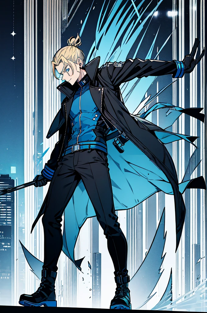 Tall, lean, male, blue eyes, blonde hair put in manbun, wearing black biker style jacket with blue outlines, black pants and boots, glowing blue slightly outfit, in the night city.