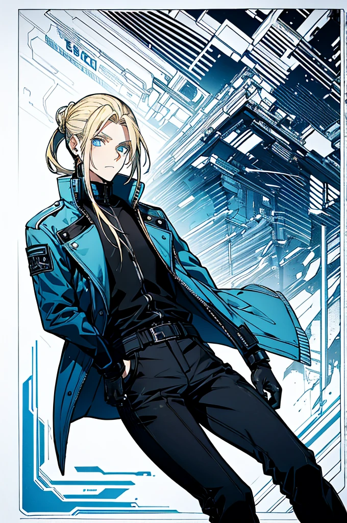Tall, lean, male, blue eyes, blonde hair put in manbun, wearing black biker style jacket with blue outlines, black pants and boots, glowing blue slightly outfit, in the night city.