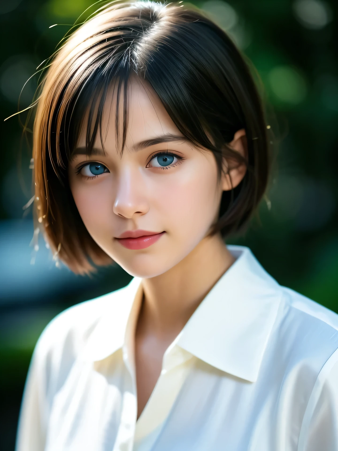 (Photo Real:1.4), (hyper realisitic:1.4), (Smooth lighting:1.05), 1 girl, ager, blue eyes, happy, shy, smile, looking away, Close-up of the face, Soft lighting, Back lighting, (Finest Real Textured Skins), Super fine face, glowy skin, retinas, Anatomically correct, (short Hair:1.1), bangs, Textured skin, High quality, high details, Best Quality, High resolution, white Silk blouse