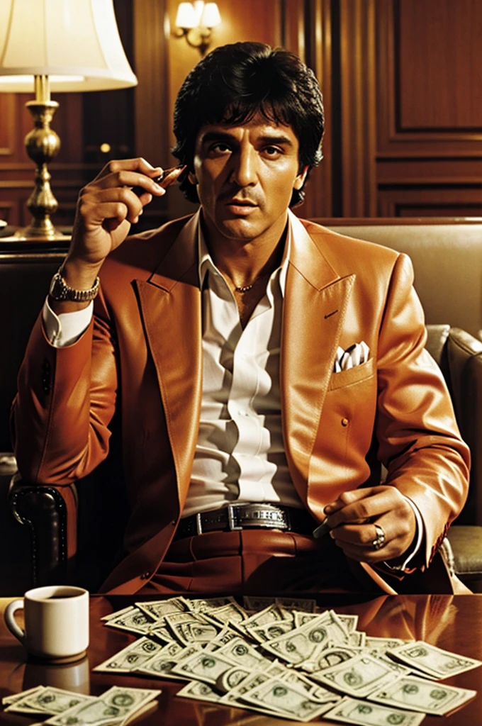 Tony Montana counting bills sitting and smoking a cigar