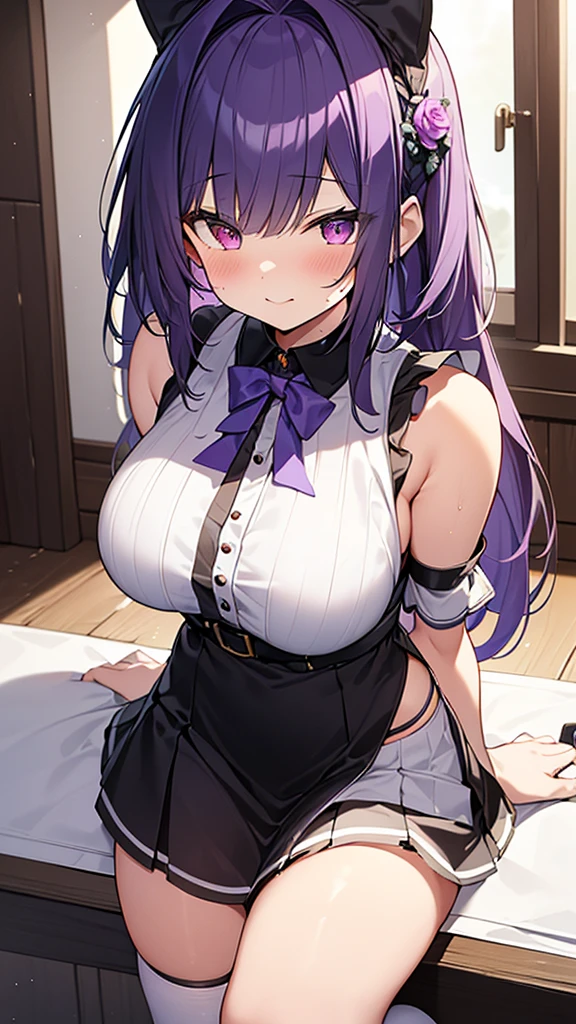 最high quality, high quality, Super detailed, 32k, Ultra-detailed details, 2 girls, With maid(only, pretty girl, beautiful purple hair, Beautiful purple eyes, Big Breasts, A light smile, Red eyes, Off-the-shoulder sleeveless Summer clothes, Summer casual maid clothes, Short skirt, Blue and white color striped underwear, Black knee socks, My crotch is wet with love juice, 18-year-old,cute),  with my sister(13歳, 顔の皮を剥がされてグロテスクな顔, Chest is medium, , Junior high school uniform), {{Witness the maid peeling off the skin of her sister&#39;s face and replacing it with her own}}, NSFW