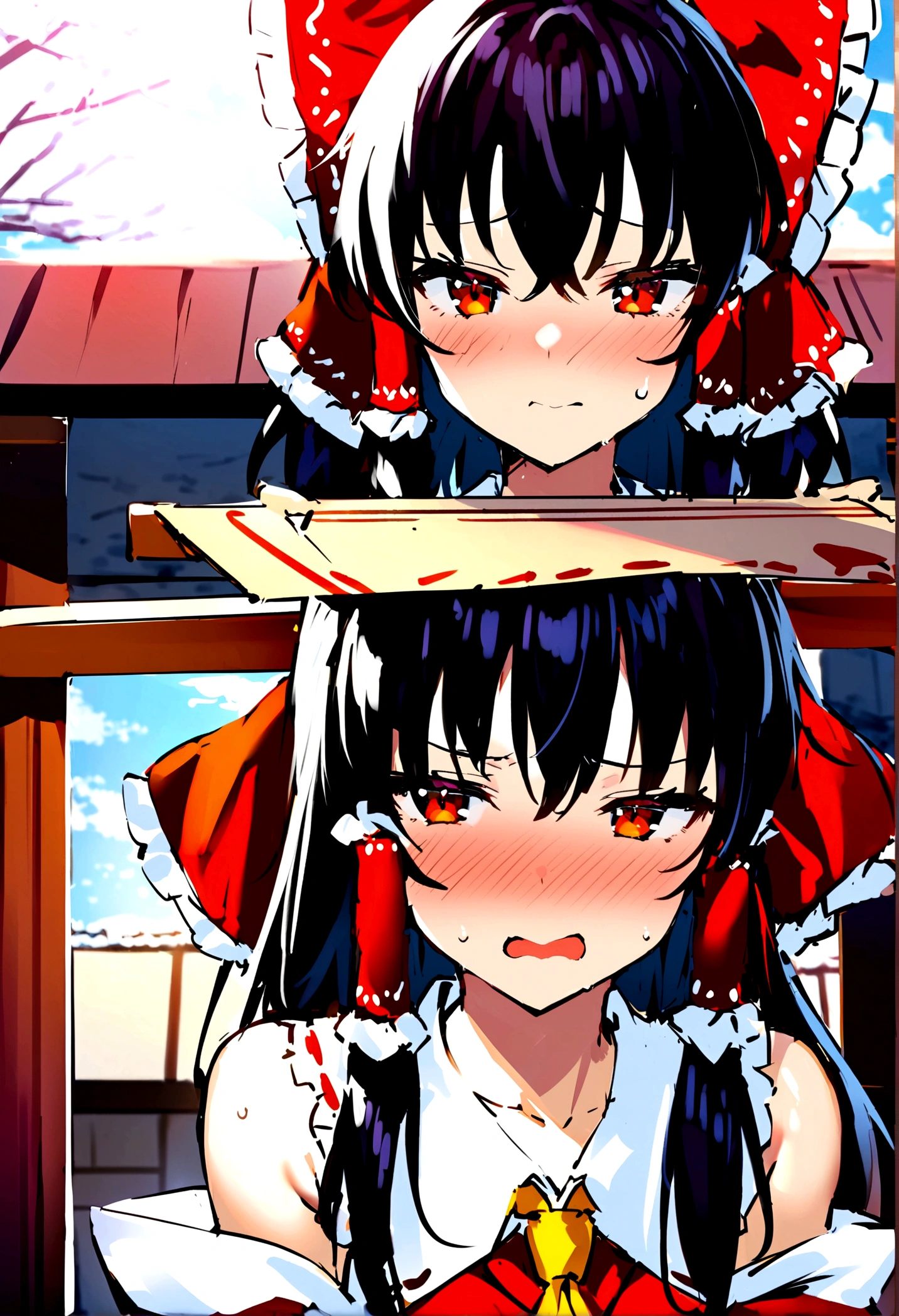 NSFW,masterpiece,Highest quality,High resolution,Super detailed,Reimu Hakurei\(Oriental Project\),Hakurei Reimu,Embarrassed,Frustrated face,Lust,blush,Expecting face,Seduce,shrine,Offering box