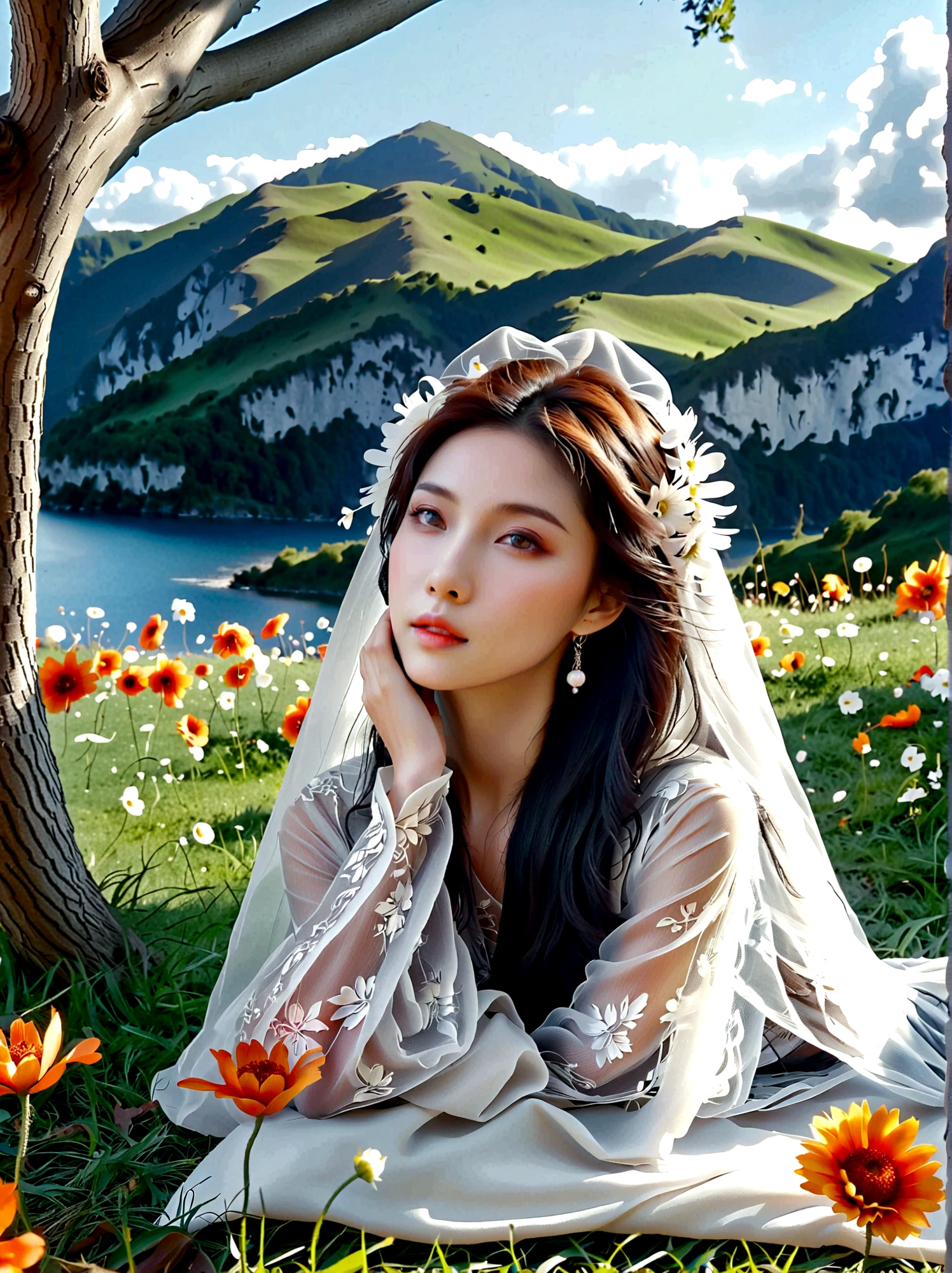 Summer, Lesser Heat, Hot Sun, 1girl, ((beautiful eyes)), ((Perfect and refined limbs)), Sitting, on the grass, tent, flower, outdoor, Tree, landscape, daytime, Sky, cloud, Grass, Orange Blossom, White Flowers, nature, Vague, safflower, (masterpiece, Best quality:1.2), lifelike, Reality, Dreamy light, Intricate details, Ultra Detailed, detail, High contrast, Beautiful and delicate light, Bright, more details, Fine light, very fine 8K CG wallpaper, Abuse of color difference, Very delicate light, Glare, Light, Light Particles, reflection, Depth of Field, Soft colors, Surrealism, Romanticism, Classicism, anatomically correct, textured skin, award winning, 8k